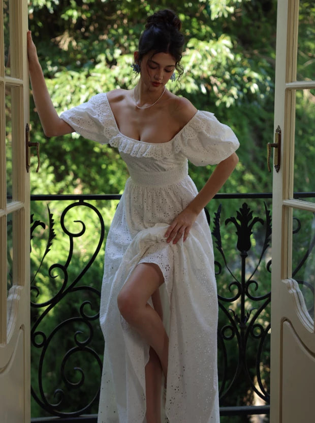 Princess A Line Puff White Short Sleeves  Off-the-shoulder Lace Floor length Prom Dress Cocktail Dress Homecoming Dress Evening Dress Party Dress