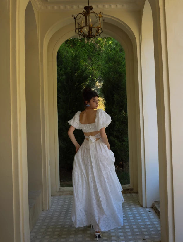 Princess A Line Puff White Short Sleeves  Off-the-shoulder Lace Floor length Prom Dress Cocktail Dress Homecoming Dress Evening Dress Party Dress