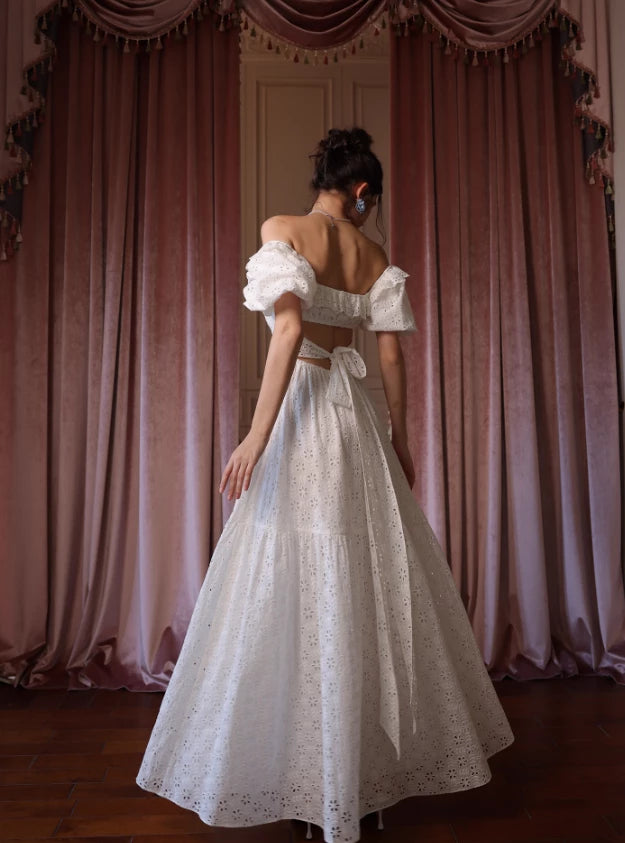 Princess A Line Puff White Short Sleeves  Off-the-shoulder Lace Floor length Prom Dress Cocktail Dress Homecoming Dress Evening Dress Party Dress