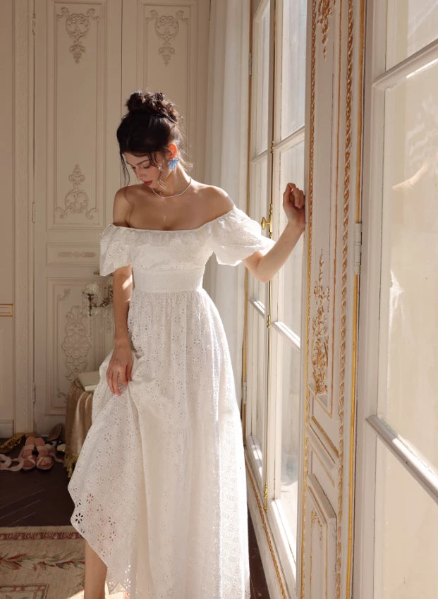 Princess A Line Puff White Short Sleeves  Off-the-shoulder Lace Floor length Prom Dress Cocktail Dress Homecoming Dress Evening Dress Party Dress