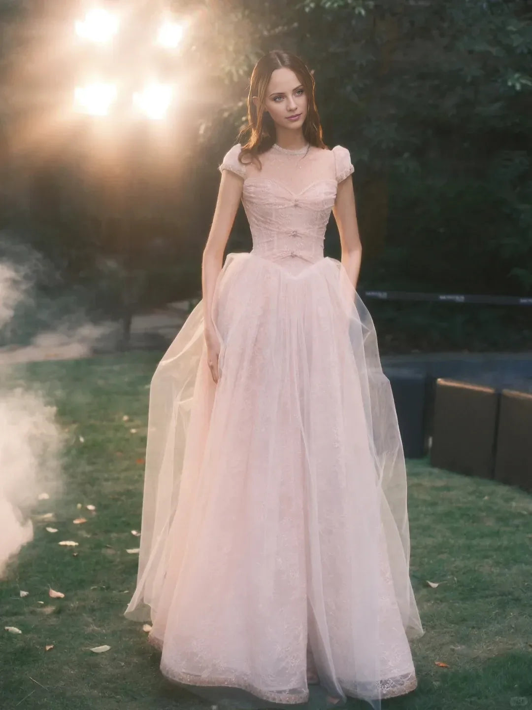 Princess A Line Round Neck Beaded White Lace Tulle Short Sleeves Long Prom Dress Cocktail Dress Homecoming Dress Evening Dress Party Dress