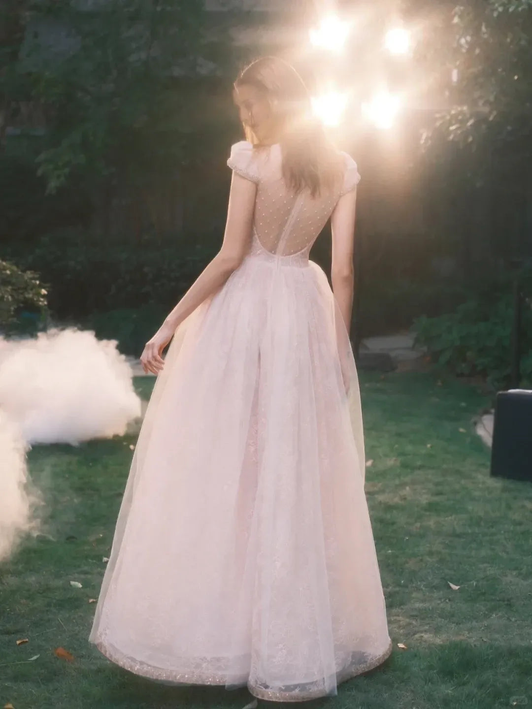 Princess A Line Round Neck Beaded White Lace Tulle Short Sleeves Long Prom Dress Cocktail Dress Homecoming Dress Evening Dress Party Dress