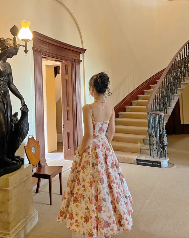 Princess A Line Spaghetti Strap Print Floral Satin Floor length Off-the-shoulder Sleeveless Prom Dress Cocktail Dress Homecoming Dress Evening Dress Party Dress