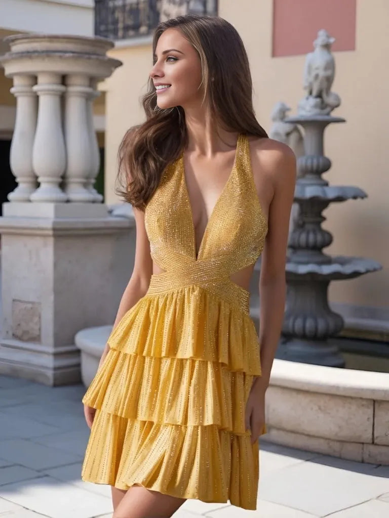 Princess Deep V-Neck Sleeveless with Beaded and Ruffles Mini Homecoming Cocktail Dresses