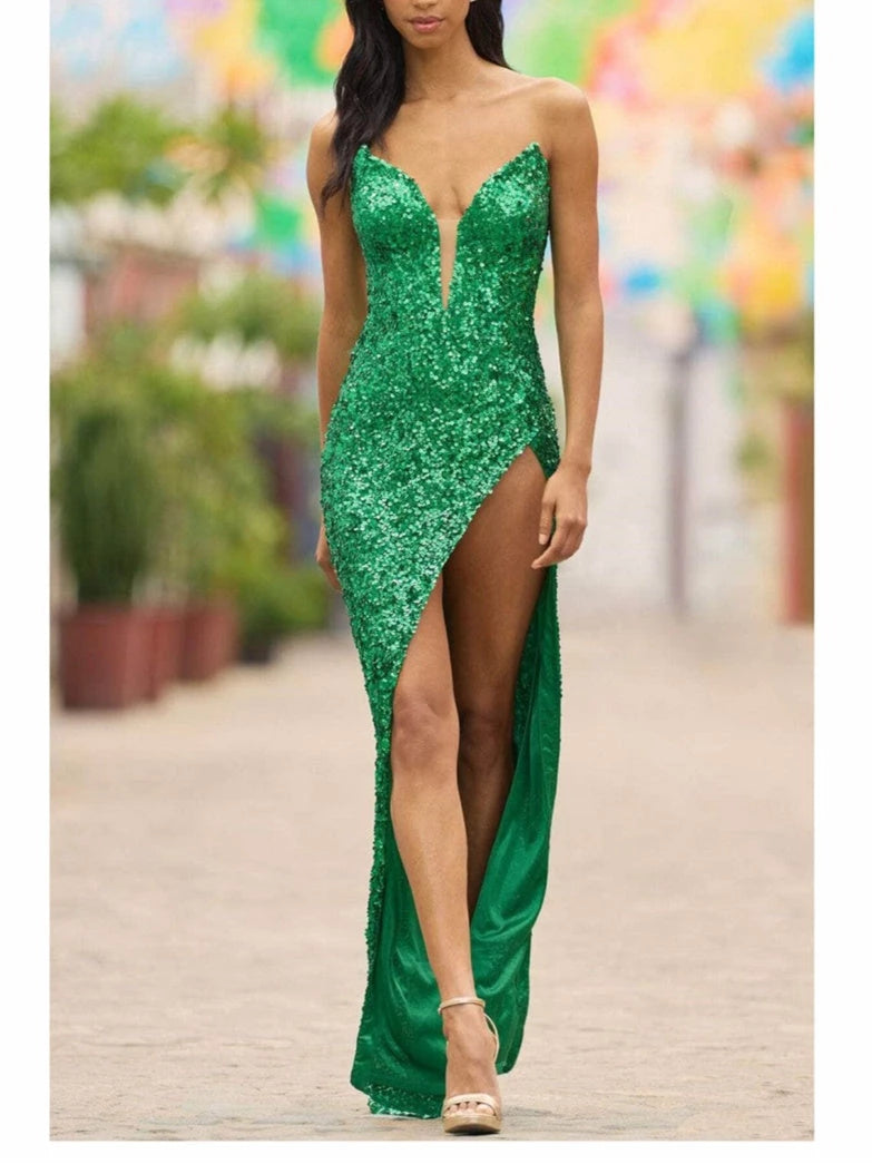 Princess Green Sequin V-Neck Floor-Length Evening Dress with High Slit