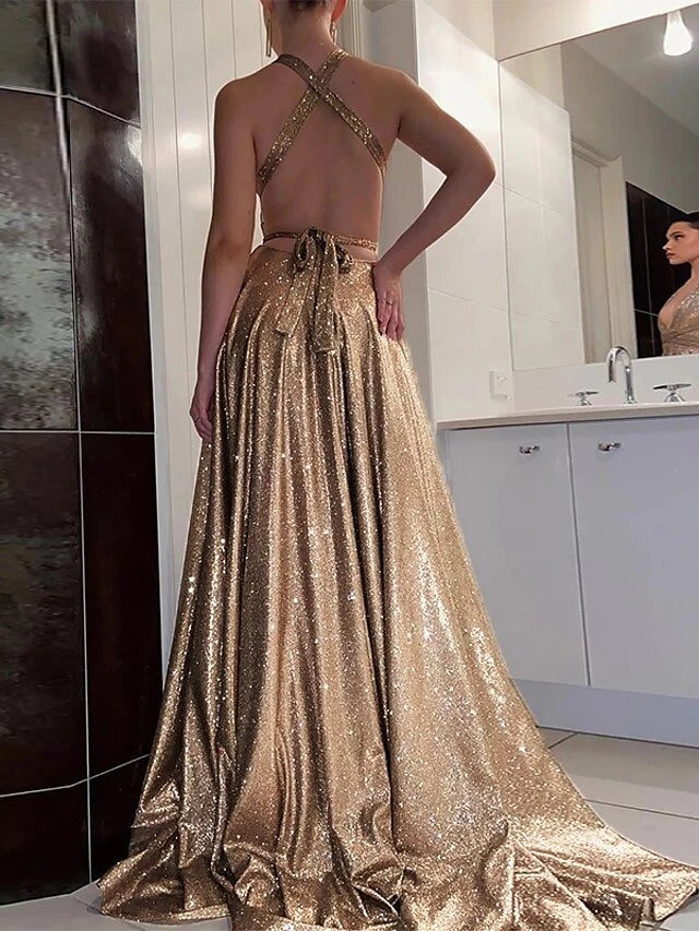 Princess Halter Sleeveless Sequins Floor-length Split SideProm Dresses Evening Dresses Party Dress