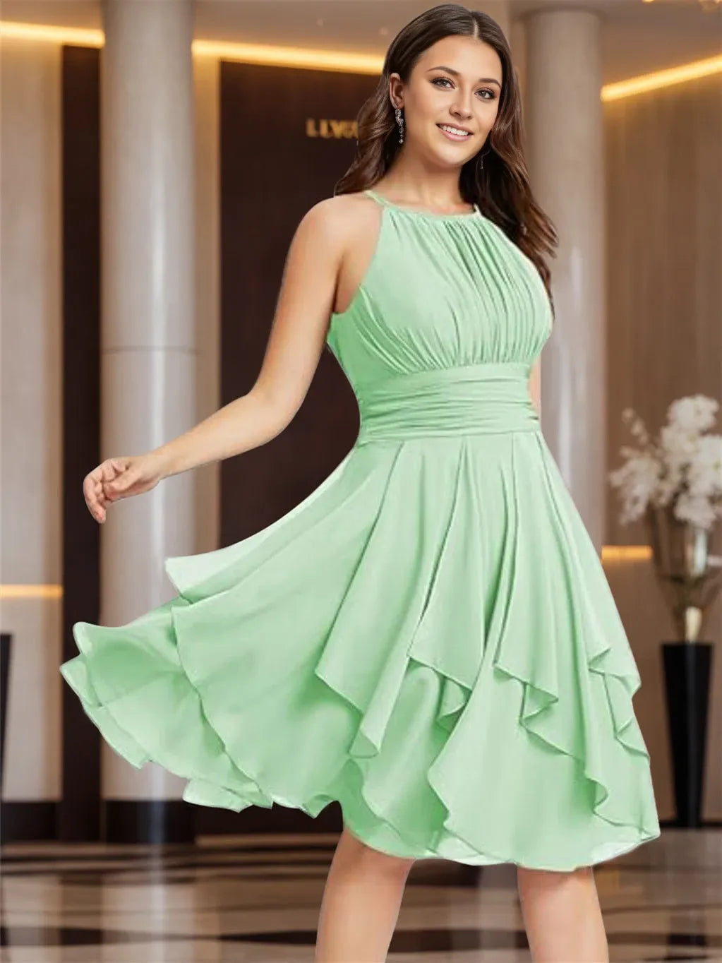 Princess Halter Sleeveless Short Chiffon Ruffle Pleated Pockets Evening Dresses