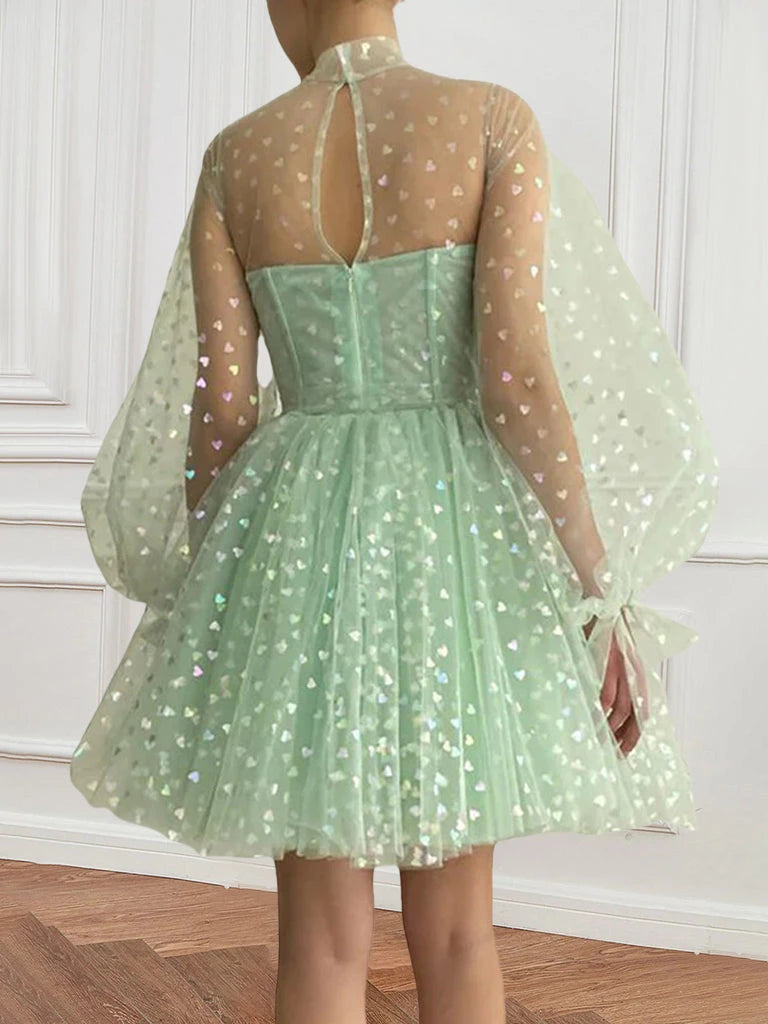 Princess High-Neck Illusion with sleeves Short With Illusion Corset Bodice Pleats Party Dance Cocktail Homecoming Dress