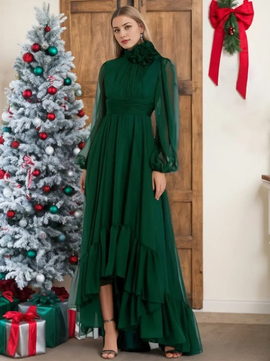 Princess Jewel Neck Long Sleeves Asymmetrical with Flower Ruffles Evening Dresses