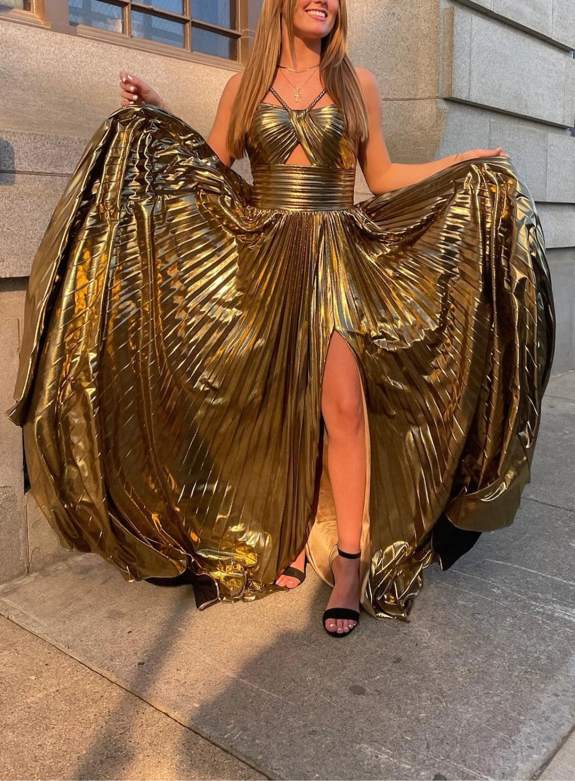 Princess Metallic Halter Sleeveless Floor-length Long with Split Side Formal Evening Dresses