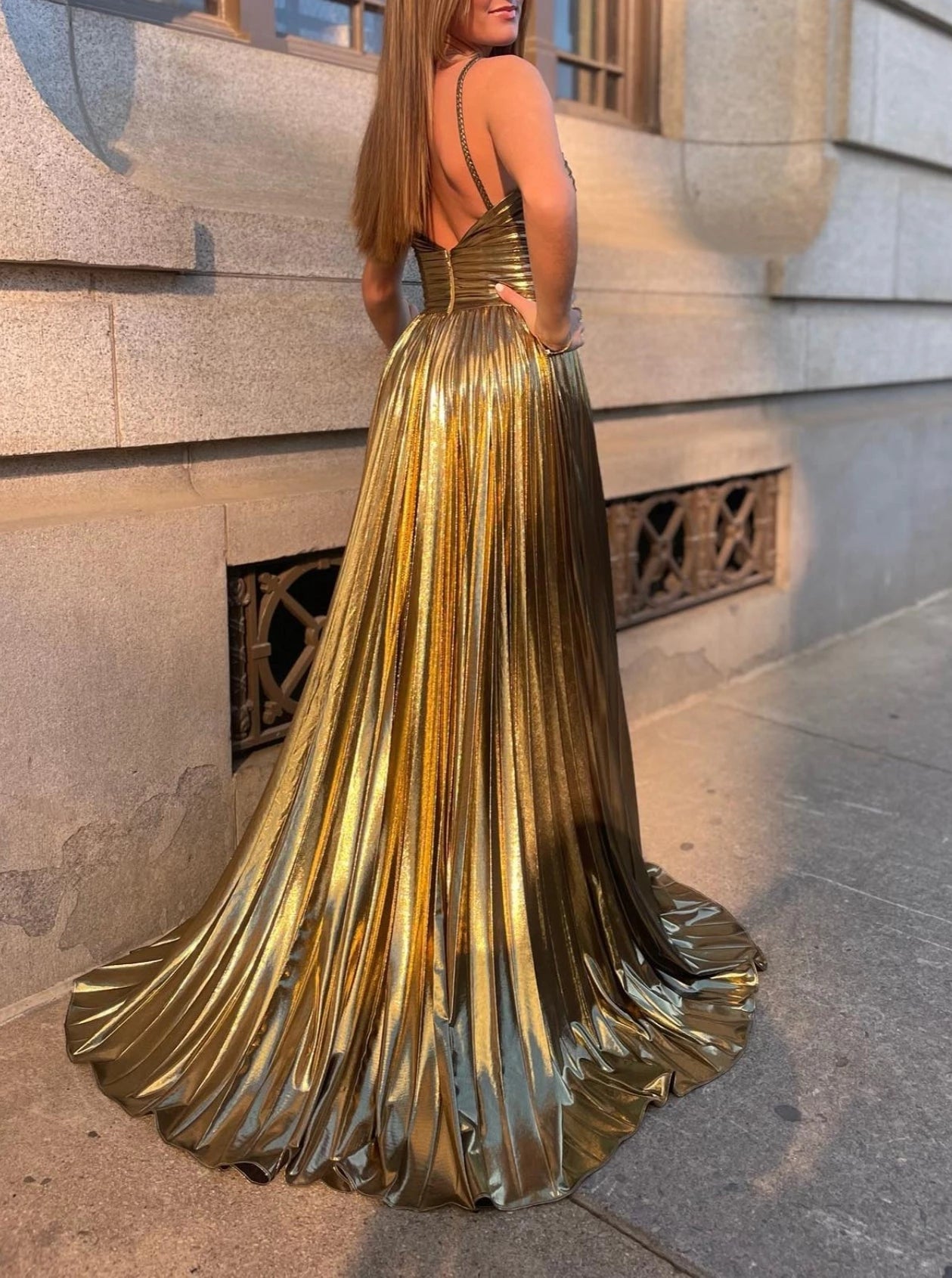 Princess Metallic Halter Sleeveless Floor-length Long with Split Side Formal Evening Dresses