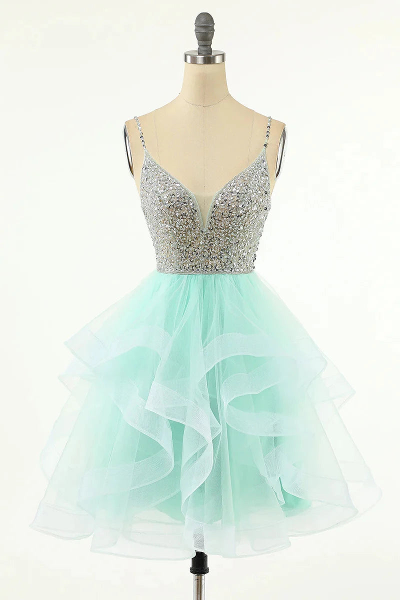 Princess Mint Green Plunging V-Neck Sleeveless Mini Party Dance Cocktail Homecoming Dress