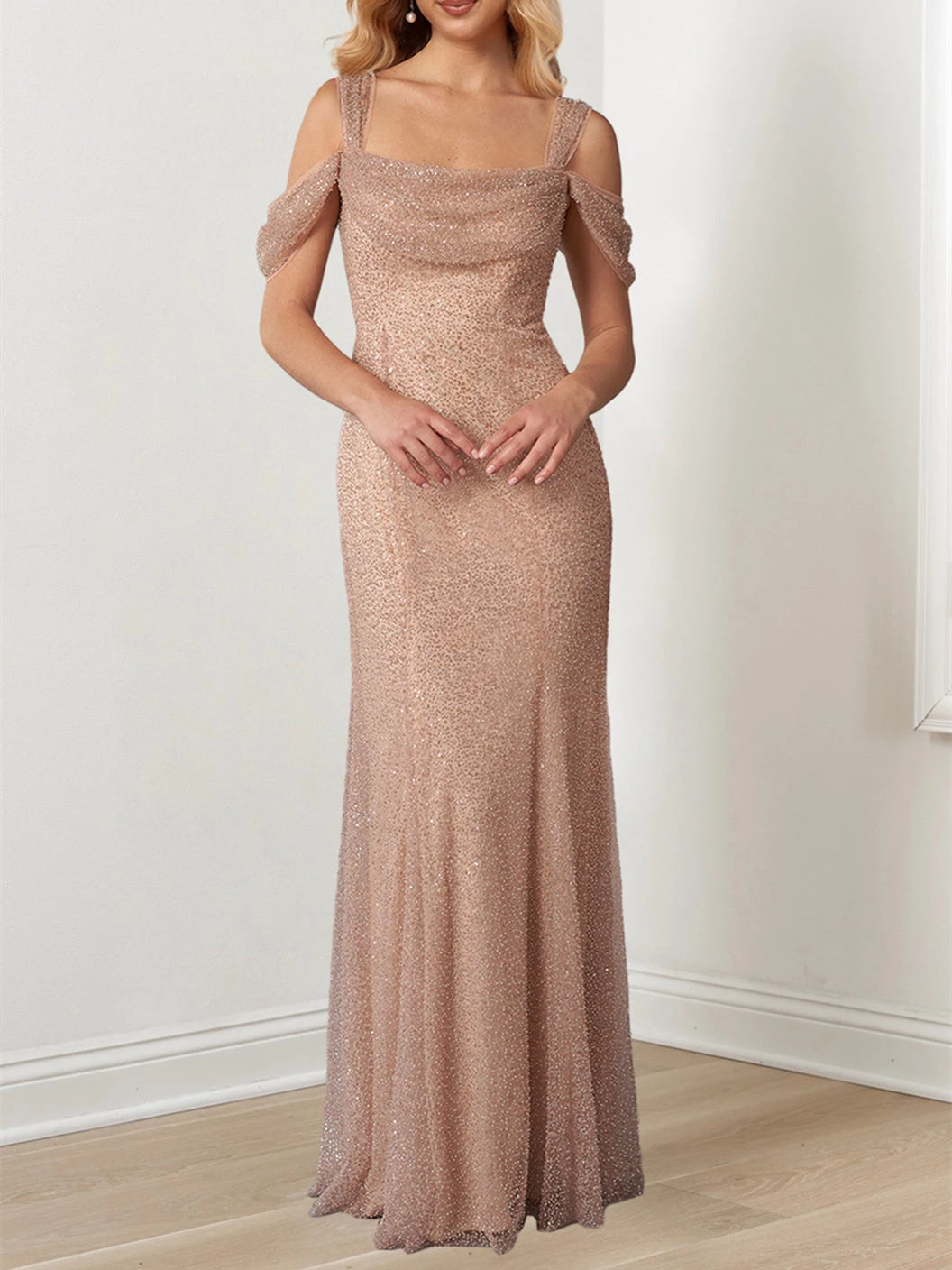 Princess Off-the-Shoulder Draped champagne Sleeves Evening Dresses