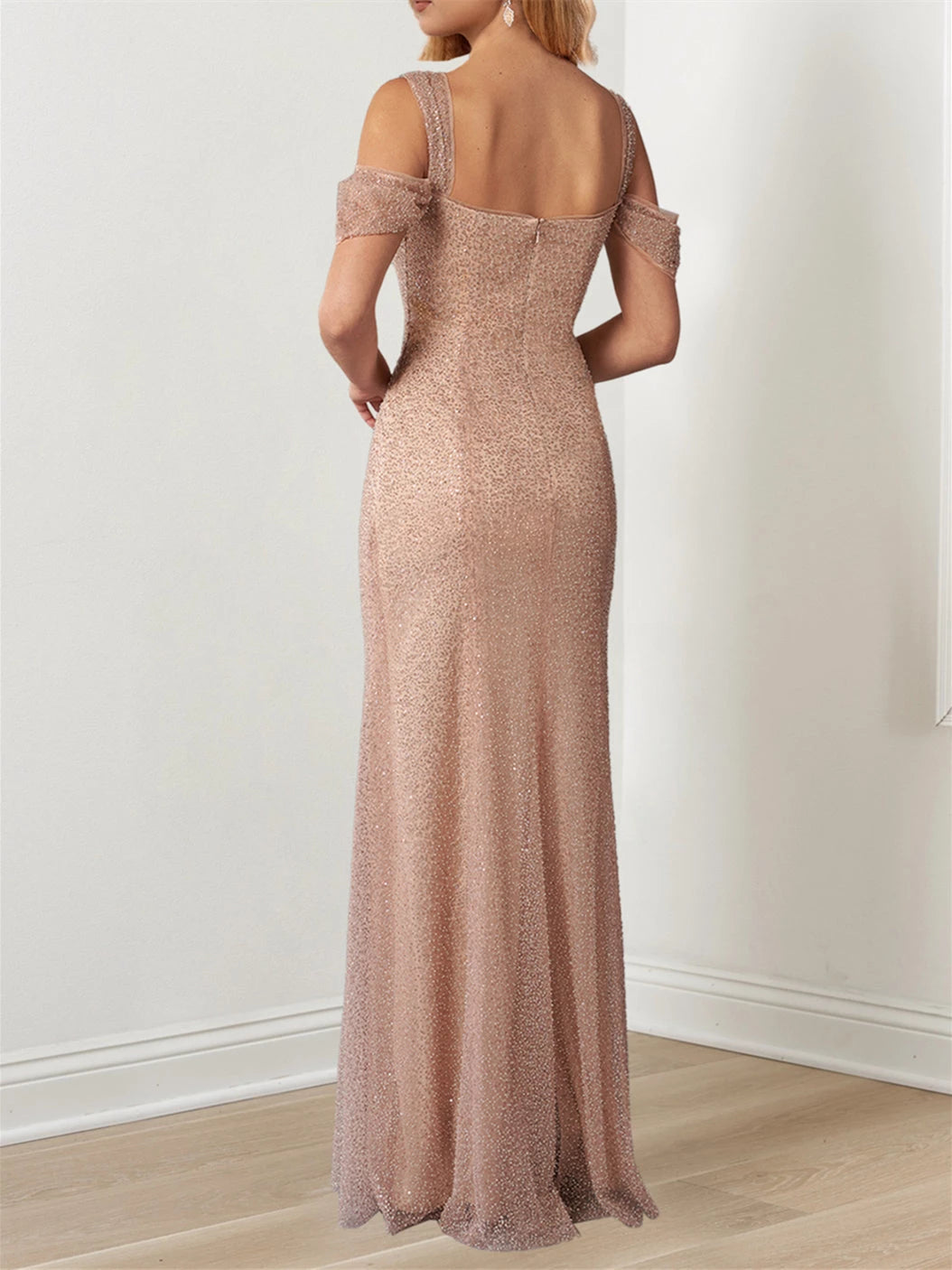 Princess Off-the-Shoulder Draped champagne Sleeves Evening Dresses