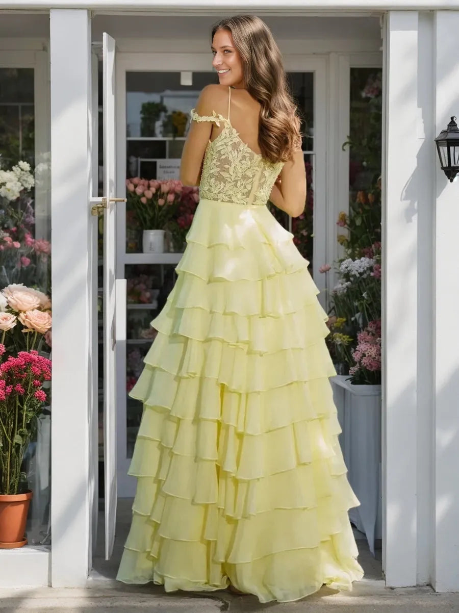 Princess Off-the-Shoulder Romantic with Ruffles Side Slit  Appliques  Evening Dresses Party Dress Prom Dresses