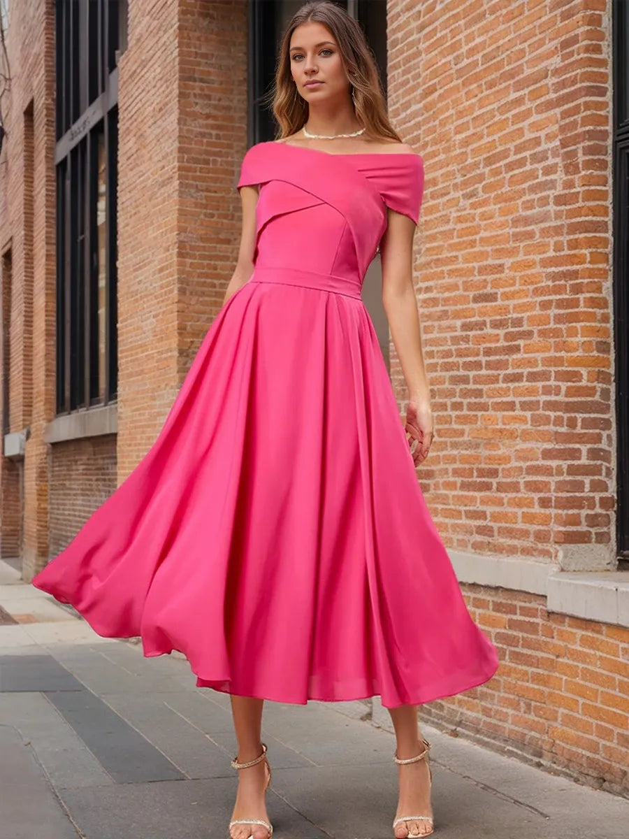 Princess Off-the-Shoulder Short Sleeves Ruched Tea-Length with Ruffles Prom Dresses
