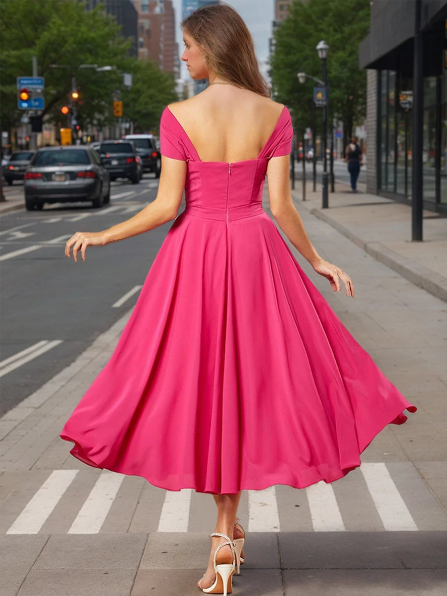 Princess Off-the-Shoulder Short Sleeves Ruched Tea-Length with Ruffles Prom Dresses