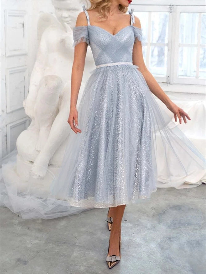 Princess Off-the-shoulder Short Sleeves Knee-Length With Sequin Cocktail Dresses Prom Dress Party Dress Evening Dress