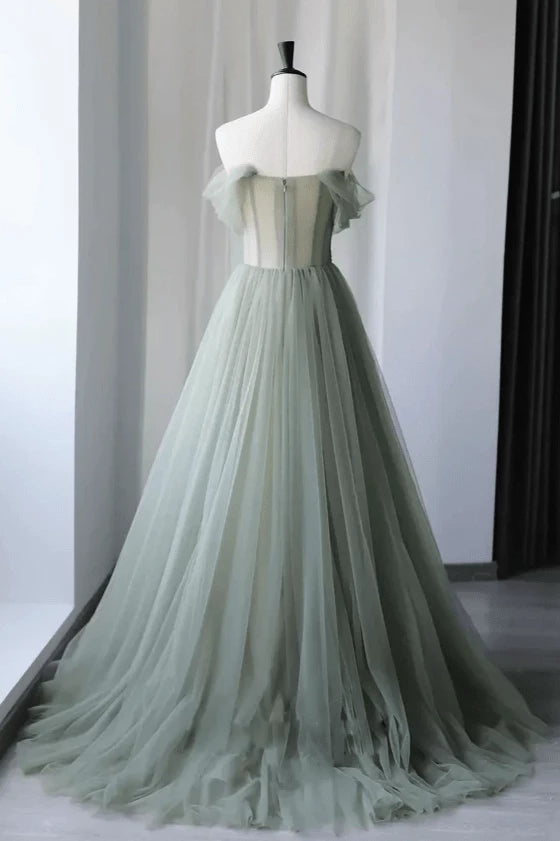 Princess Off the Shoulder Embroidering Tulle Sage Ball Gown Floor-length Off-the-Shoulder Straps Scoop Neckline Evening Dresses Evening Dresses Prom Dress