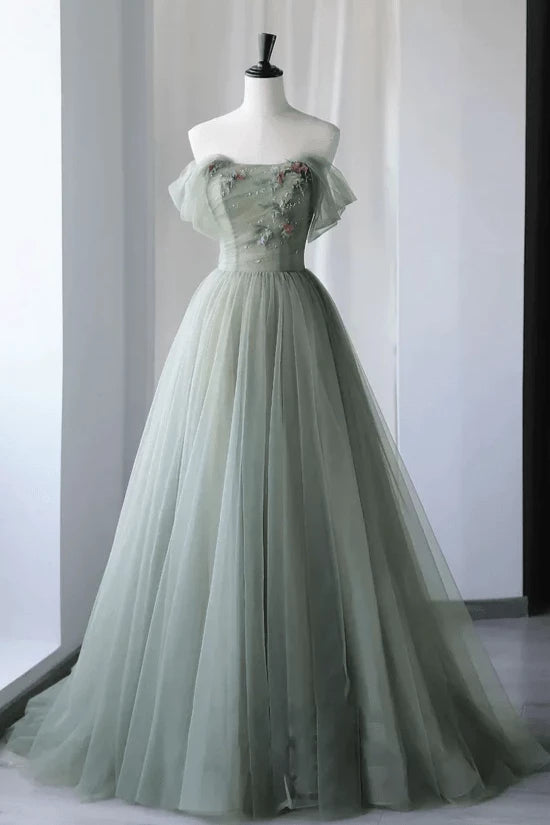 Princess Off the Shoulder Embroidering Tulle Sage Ball Gown Floor-length Off-the-Shoulder Straps Scoop Neckline Evening Dresses Evening Dresses Prom Dress