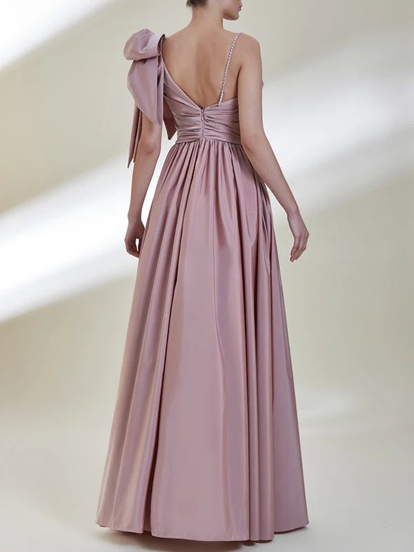 Princess One-Shoulder Sleeveless Floor-Length Split Bow Satin Evening Dresses