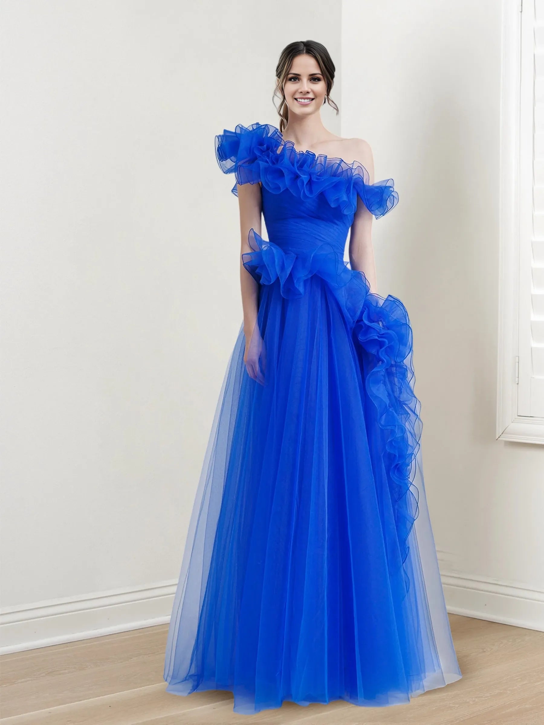 Princess One-Shoulder Sleeveless Tulle Floor-length Long Prom Dresses Whit Ruffles Evening Dresses Prom Dresses