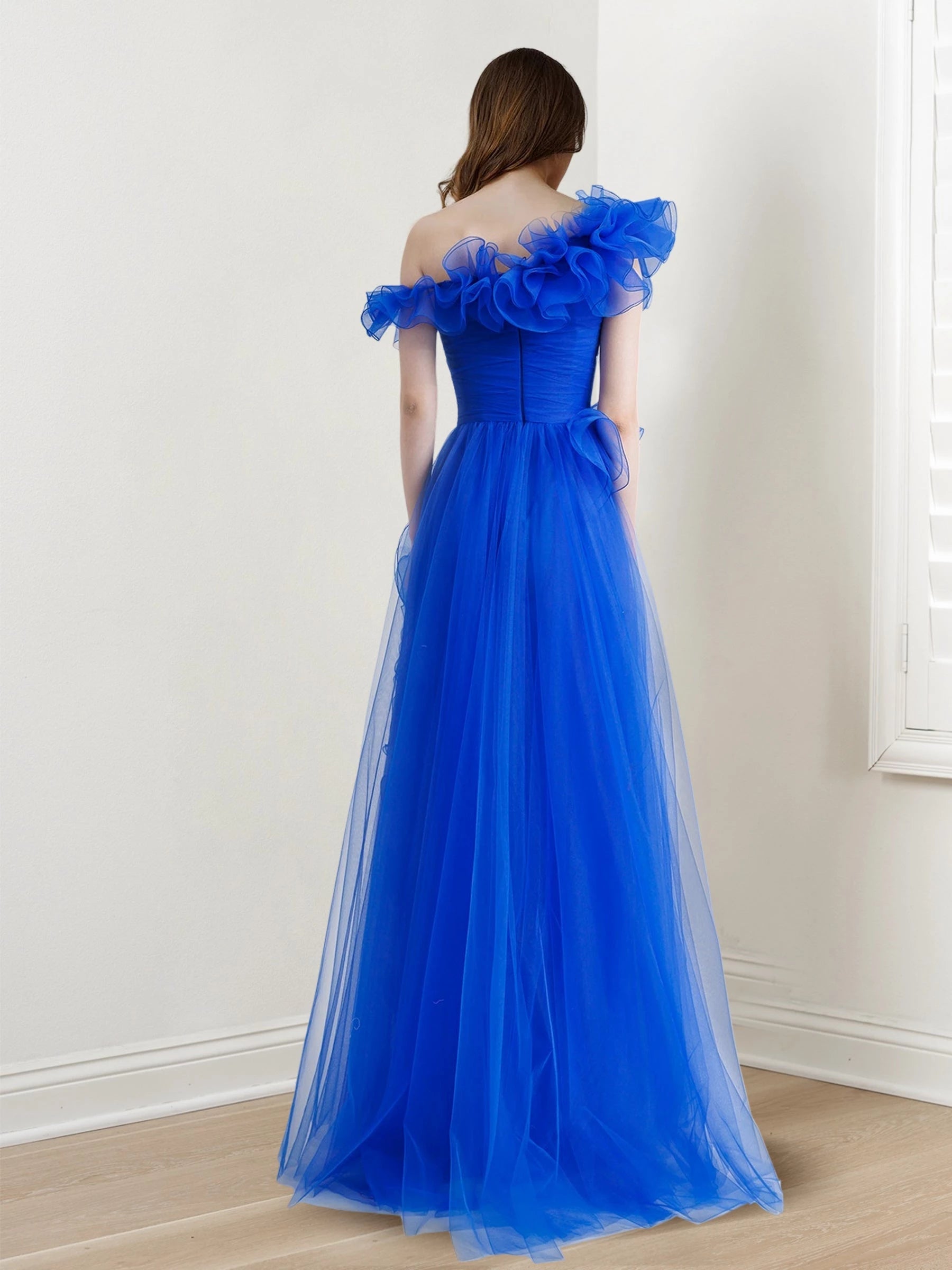 Princess One-Shoulder Sleeveless Tulle Floor-length Long Prom Dresses Whit Ruffles Evening Dresses Prom Dresses