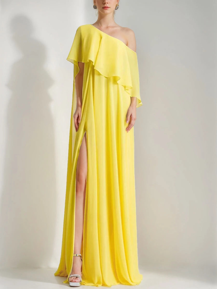 Princess One-Shoulder Sleeveless with Ruffles High Split Evening Dresses Party Dress Prom Dresses