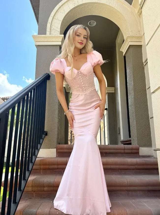 Princess Pink Mermaid Puff Lace Satin Short Sleeves Floor length Prom Dress Cocktail Dress Homecoming Dress Evening Dress
