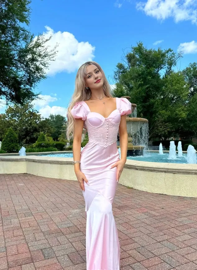 Princess Pink Mermaid Puff Lace Satin Short Sleeves Floor length Prom Dress Cocktail Dress Homecoming Dress Evening Dress
