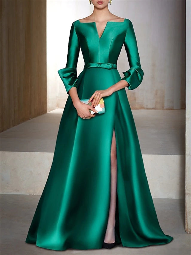 Princess Satin Floor-Length Long Sleeves V-Neck Slit Evening Dresses