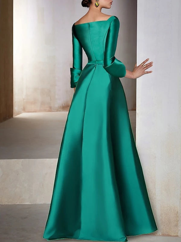 Princess Satin Floor-Length Long Sleeves V-Neck Slit Evening Dresses