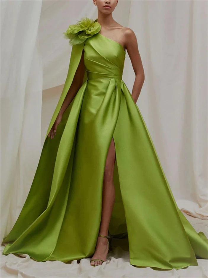 Princess Satin One Shoulder Sweep Train Evening Dresses