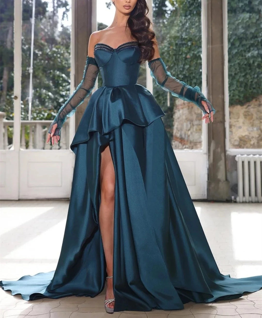 Princess SatinStrapless Half Sleeves Floor-length Long With Split Side Formal Evening Dresse