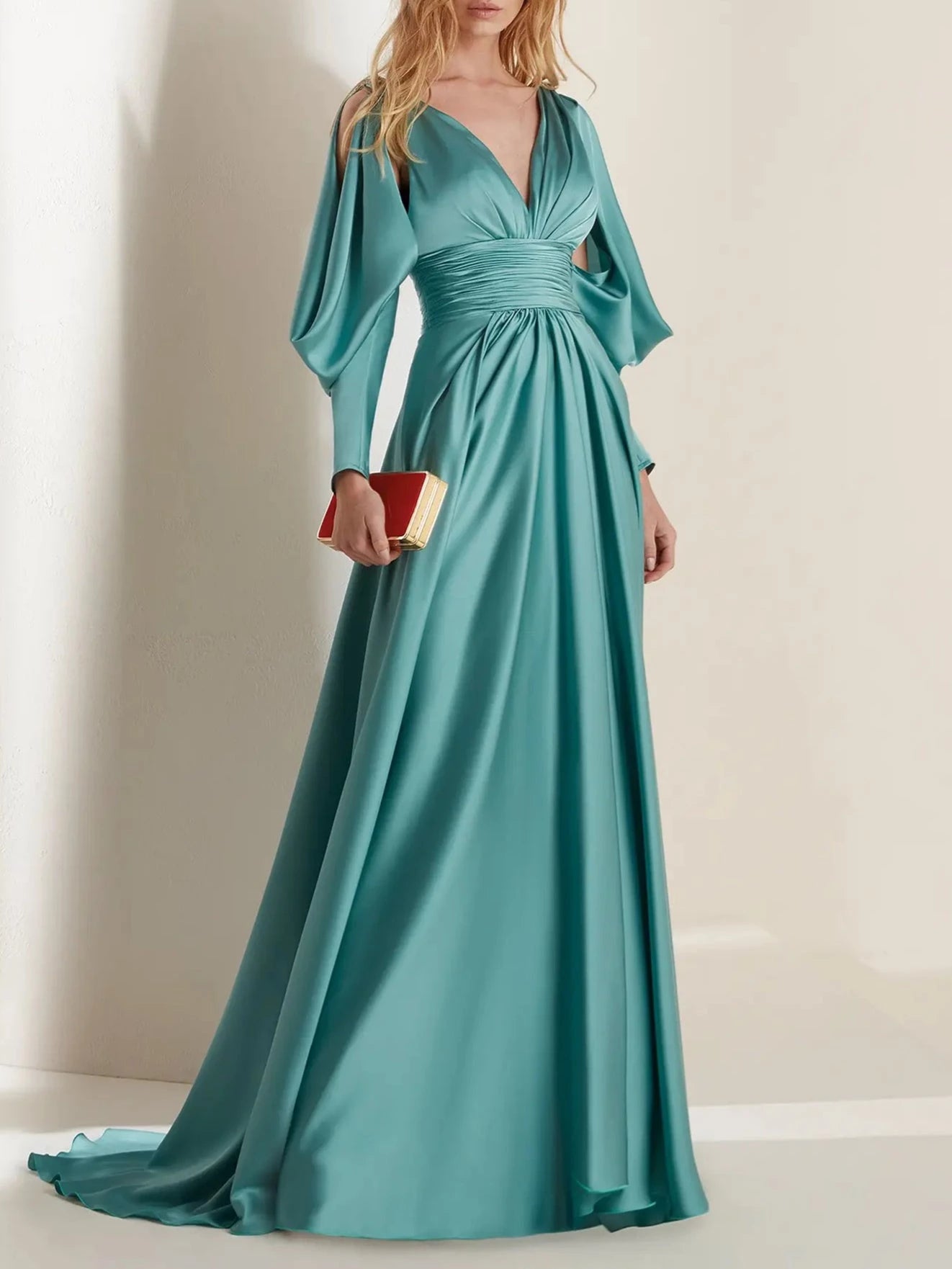 Princess Satin V-Neck Long Sleeves Floor-Length with Pleats Evening Dresses