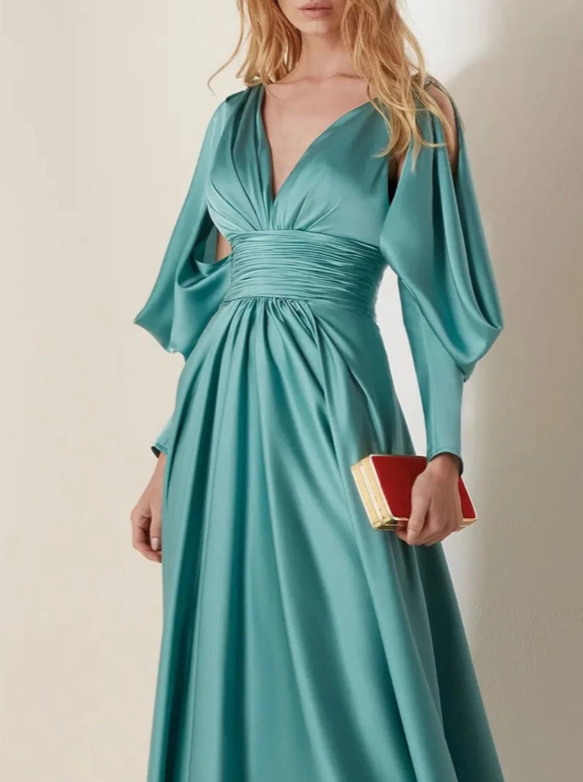 Princess Satin V-Neck Long Sleeves Floor-Length with Pleats Evening Dresses