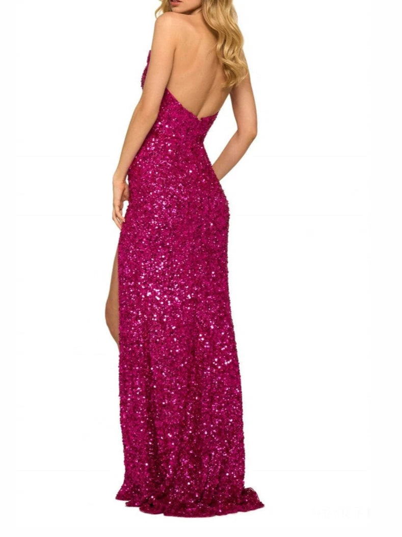 Princess Sequin V-Neck Floor-Length Evening Dress with High Slit