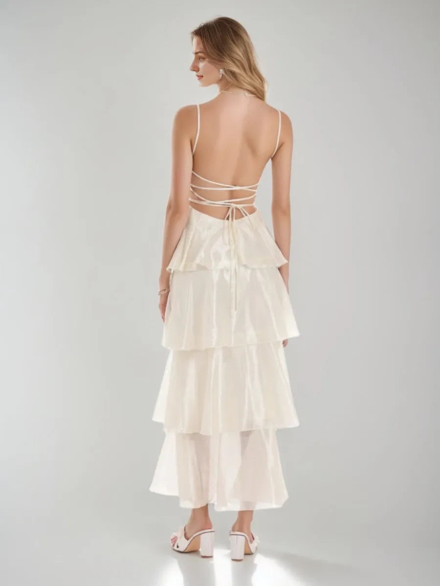 Princess Sexy Spaghetti Straps Ankle-Length with Ruffles Lace-up Back Evening Dresses Party Dress Prom Dresses