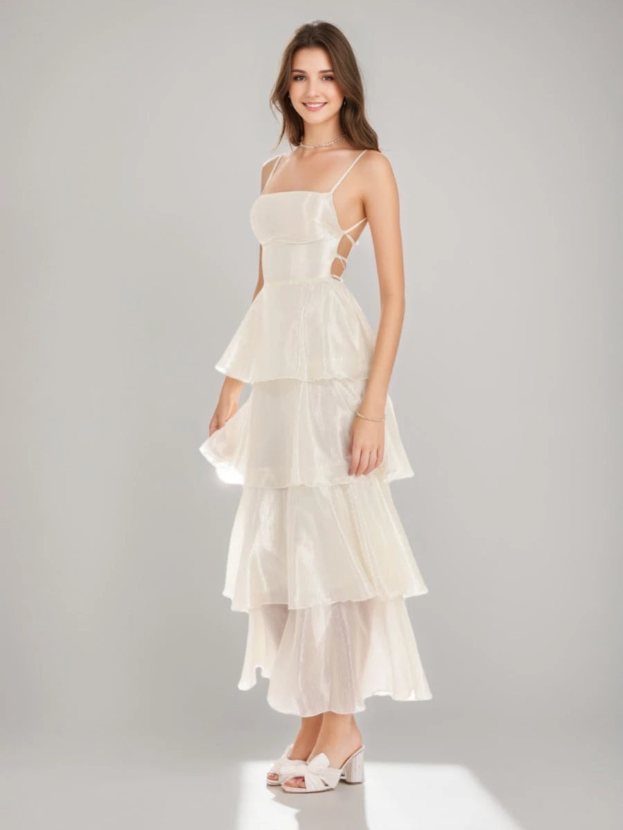 Princess Sexy Spaghetti Straps Ankle-Length with Ruffles Lace-up Back Evening Dresses Party Dress Prom Dresses