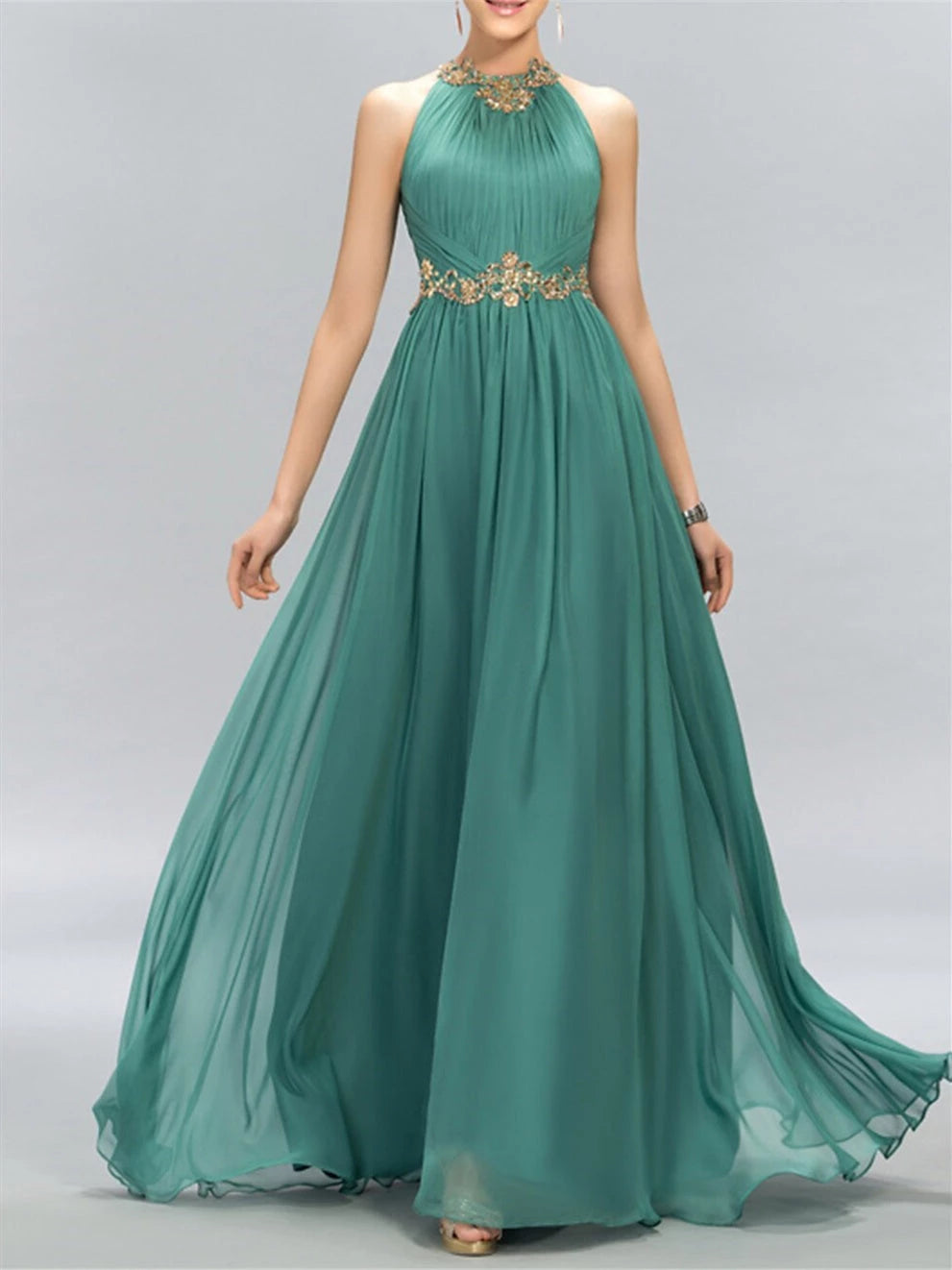 Princess Sleeveless Sleeveless Halter Neck Ruched Floor-Length Evening Dress Prom Dress