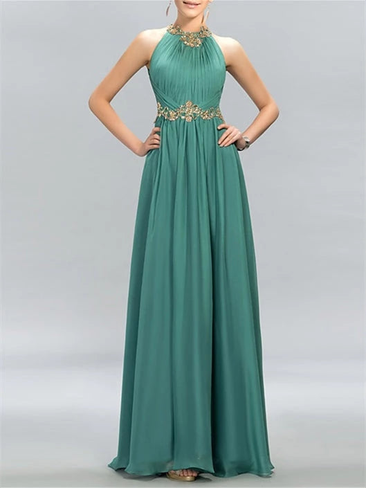 Princess Sleeveless Sleeveless Halter Neck Ruched Floor-Length Evening Dress Prom Dress