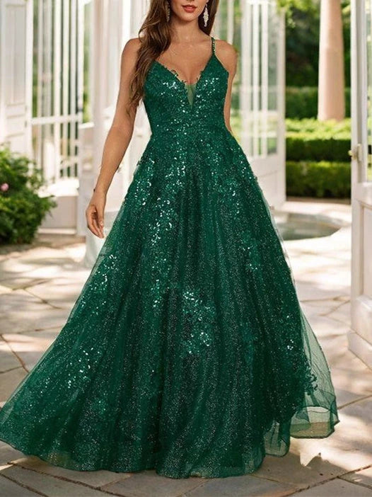 Princess Spaghetti  Sleeveless Straps Sequins  Floor-length Long Prom Dresses Evening Dresses Party Dress