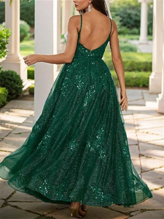 Princess Spaghetti  Sleeveless Straps Sequins  Floor-length Long Prom Dresses Evening Dresses Party Dress