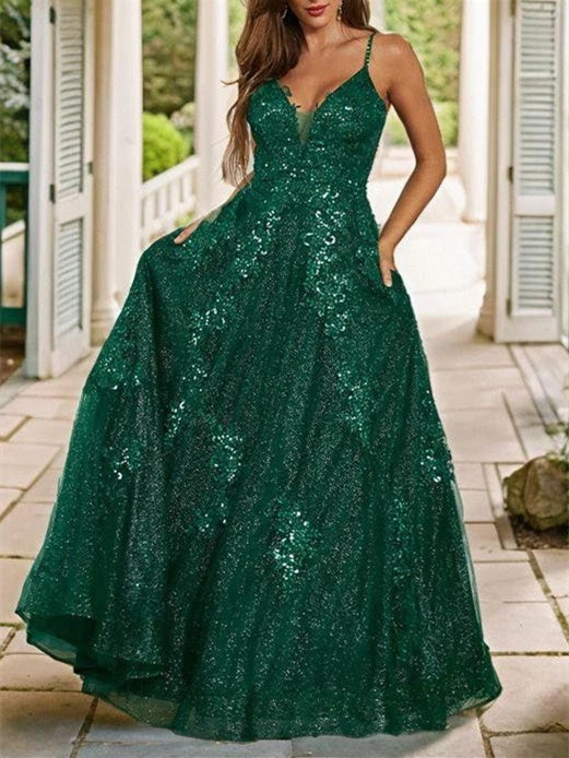 Princess Spaghetti  Sleeveless Straps Sequins  Floor-length Long Prom Dresses Evening Dresses Party Dress