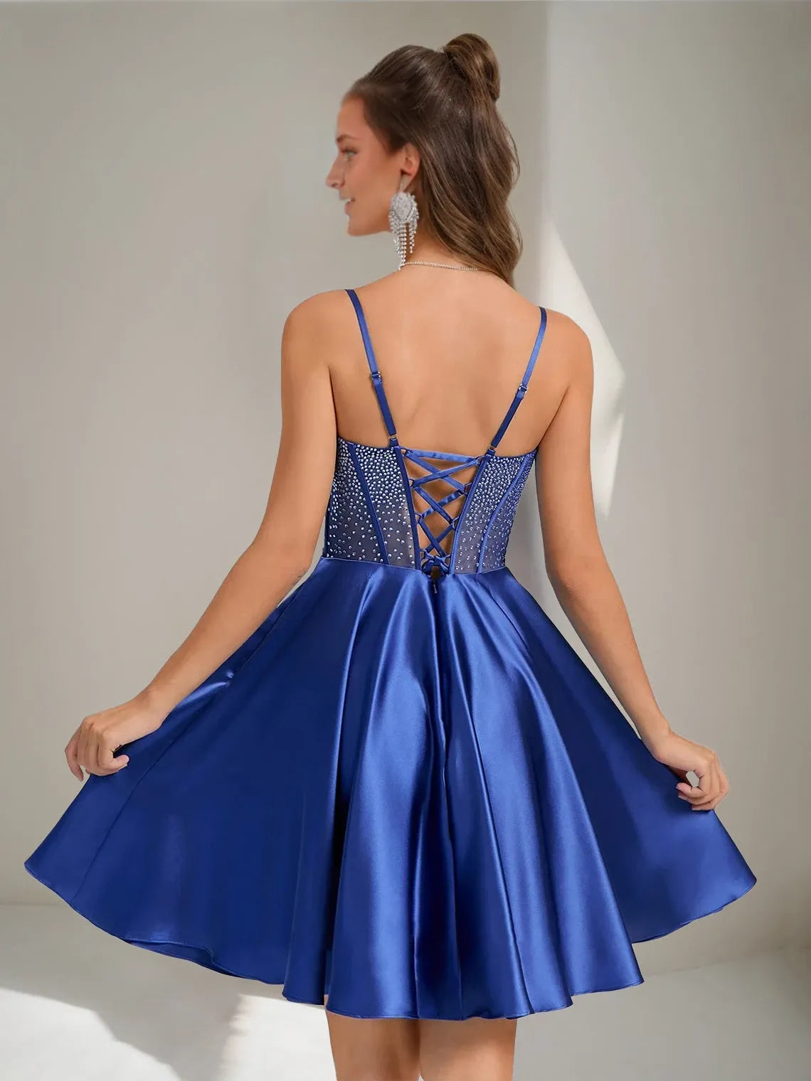 Princess Spaghetti Straps Sleeveless Pleated Mini with Rhinestones Lace-Up Party Dresses Homecoming Dresses