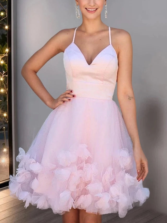 Princess Spaghetti Straps V-Neck Sleeveless with Handmade Flowers Mini Party Dance Cocktail Homecoming Dress