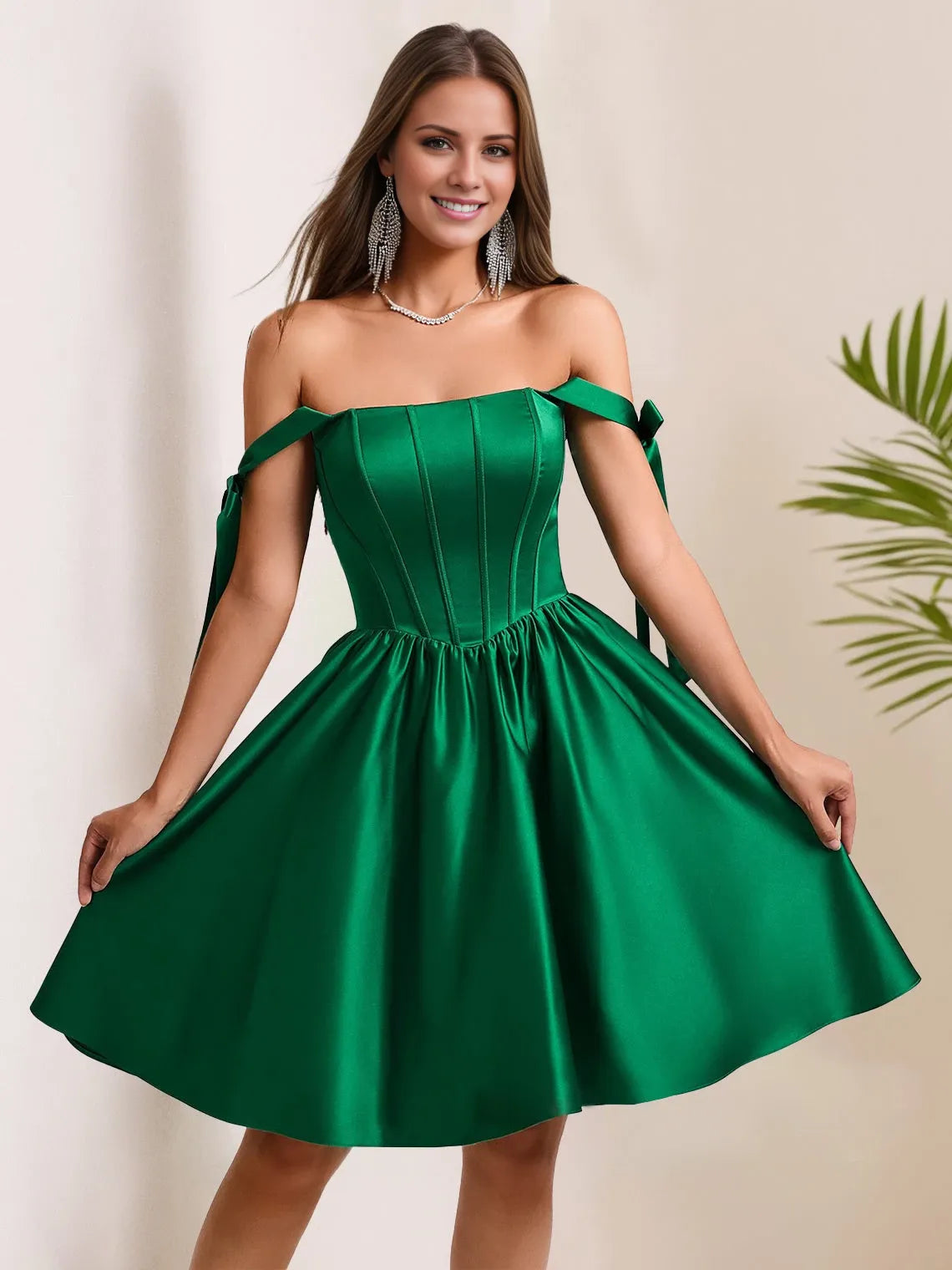 Princess Square Neckline Pleated Mini with Shoulder Bow Ties Party Dresses Homecoming Dresses