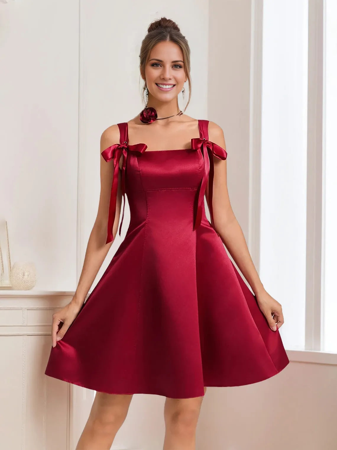 Princess Square Neckline Sleeveless Mini with Bows Party Dresses Homecoming Dresses