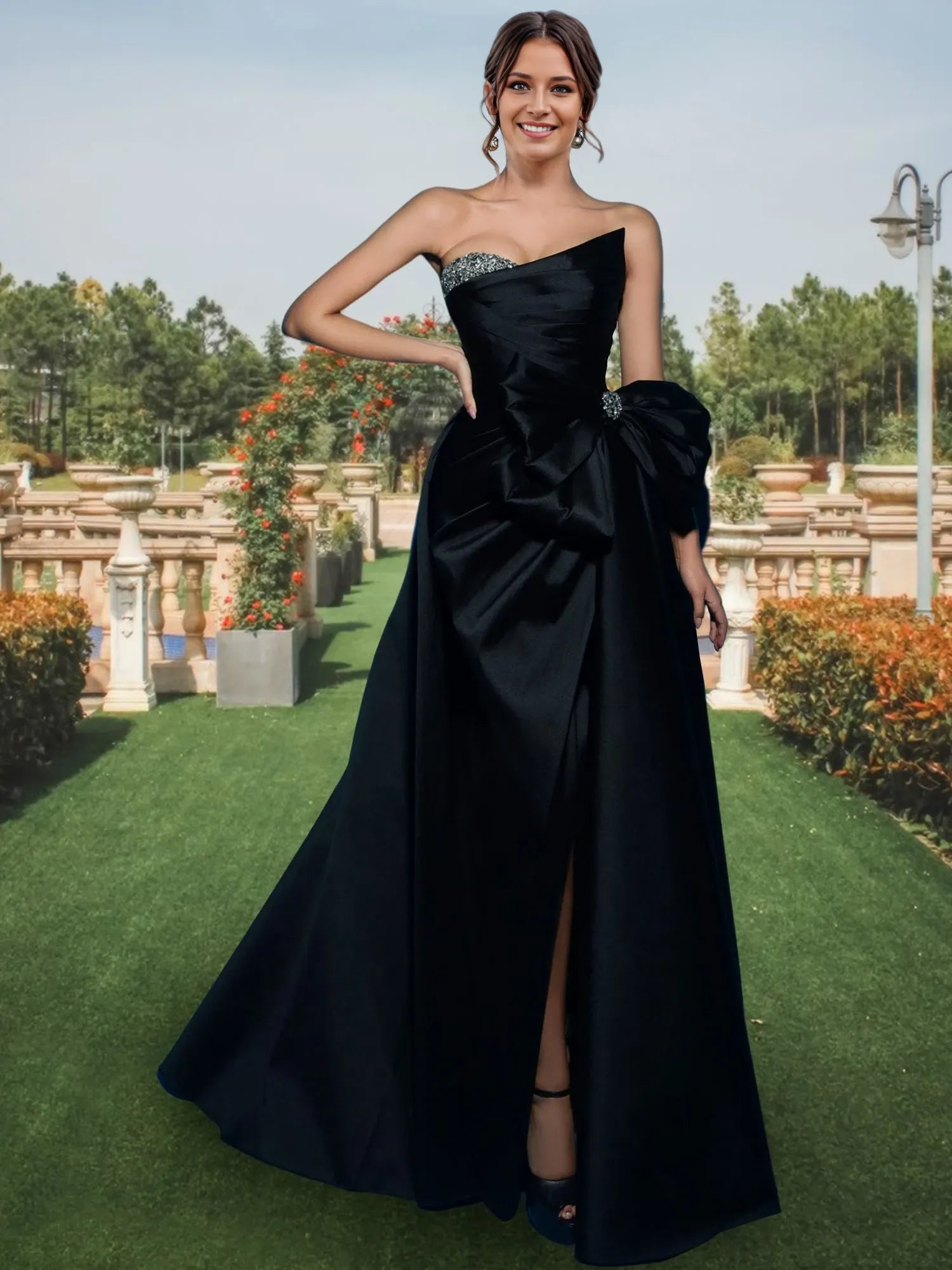 Princess Strapless Black Floor-Length With Split Side Prom Dresses Evening Dresses Party Dress