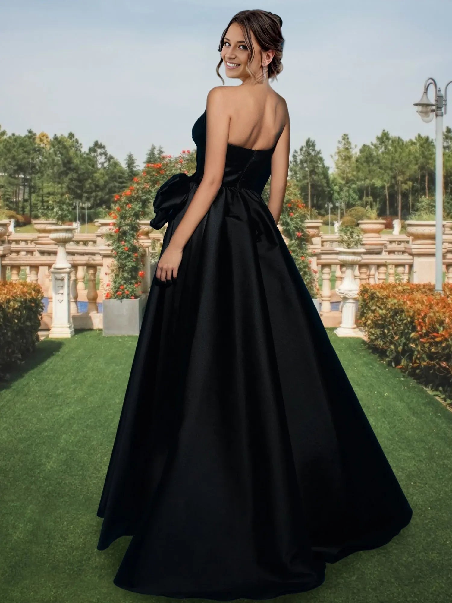 Princess Strapless Black Floor-Length With Split Side Prom Dresses Evening Dresses Party Dress